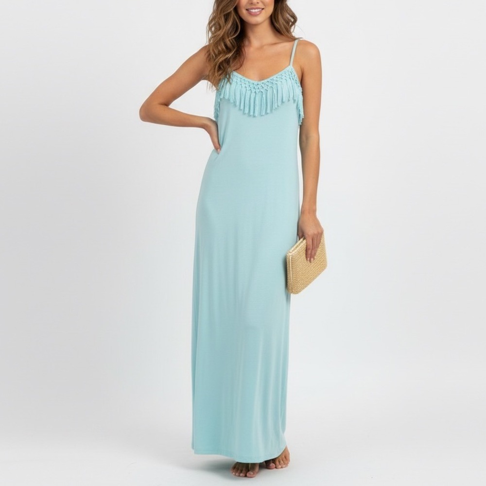 Bonsai California Maxi Dress Boho‎ Fringe Spaghetti Strap Turquoise Blue Size L
